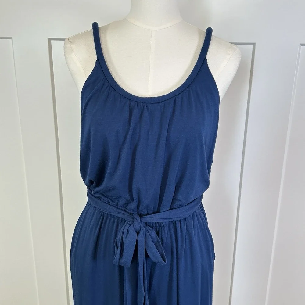 LOFT Blue Wide Leg Jumpsuit Women's LARGE Elastic Waist Pockets Strappy Back - Picture 3 of 11